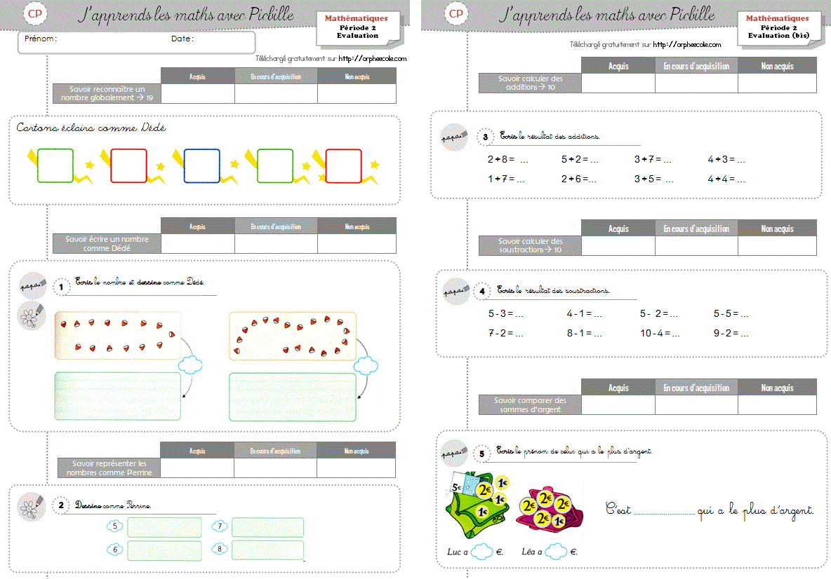 Evaluations De Fin De Periode Mathematiques Cp Orpheecole